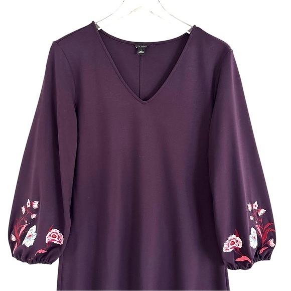 ANN TAYLOR Embroidered Sleeve Flare Shift Dress Purple V-Neck Long Sleeve Size L - Picture 7 of 14